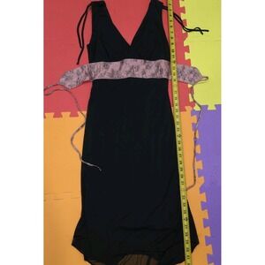 Ruby Rox Y2K Dress Medium Black Pink Floral Empire Waist Mesh Overlay Midi Goth